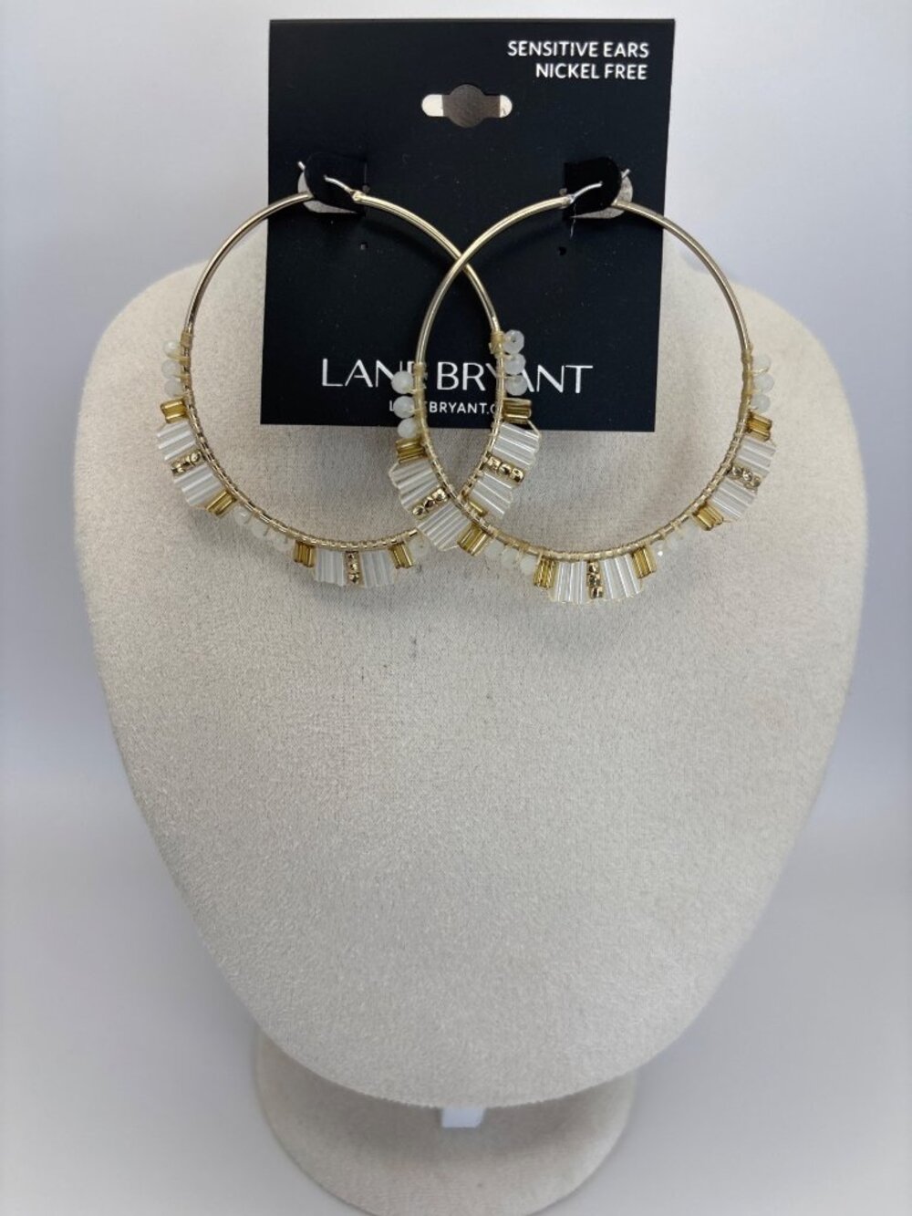 Lane Bryant Light Weight Beaded Hoop Sensitive Earrings Gold Tone and White NEW